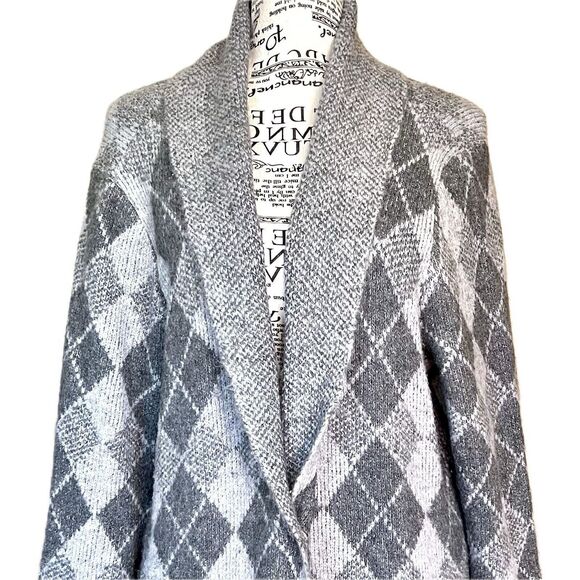 Joseph A Size 1X Gray Argyle Knit Cardigan Sweater Coat Preppy Coatigan - Picture 4 of 6